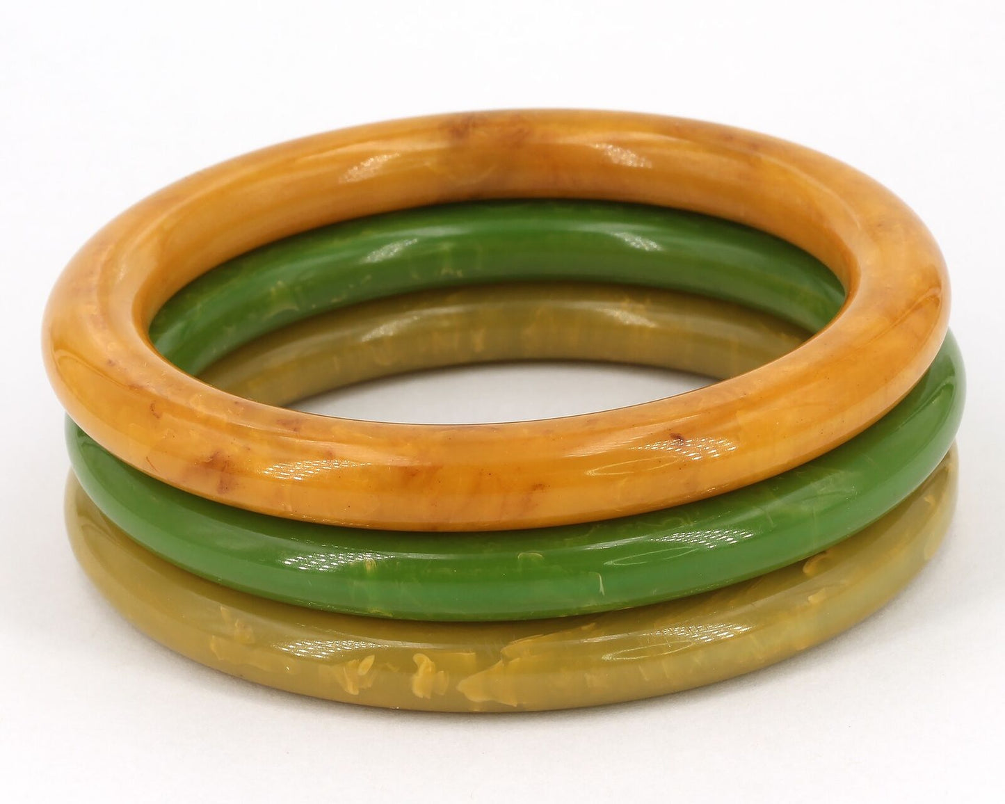 3 Vintage 8" Marbled Green & Yellow Bakelite Stacking Bangle Bracelets 3/8" Wide