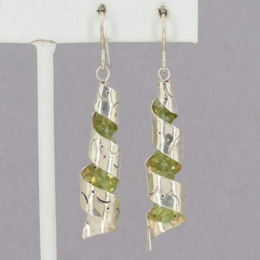 Unique Artisan Handcrafted Sterling Spiral Wrap Peridot Strand Dangle Earrings