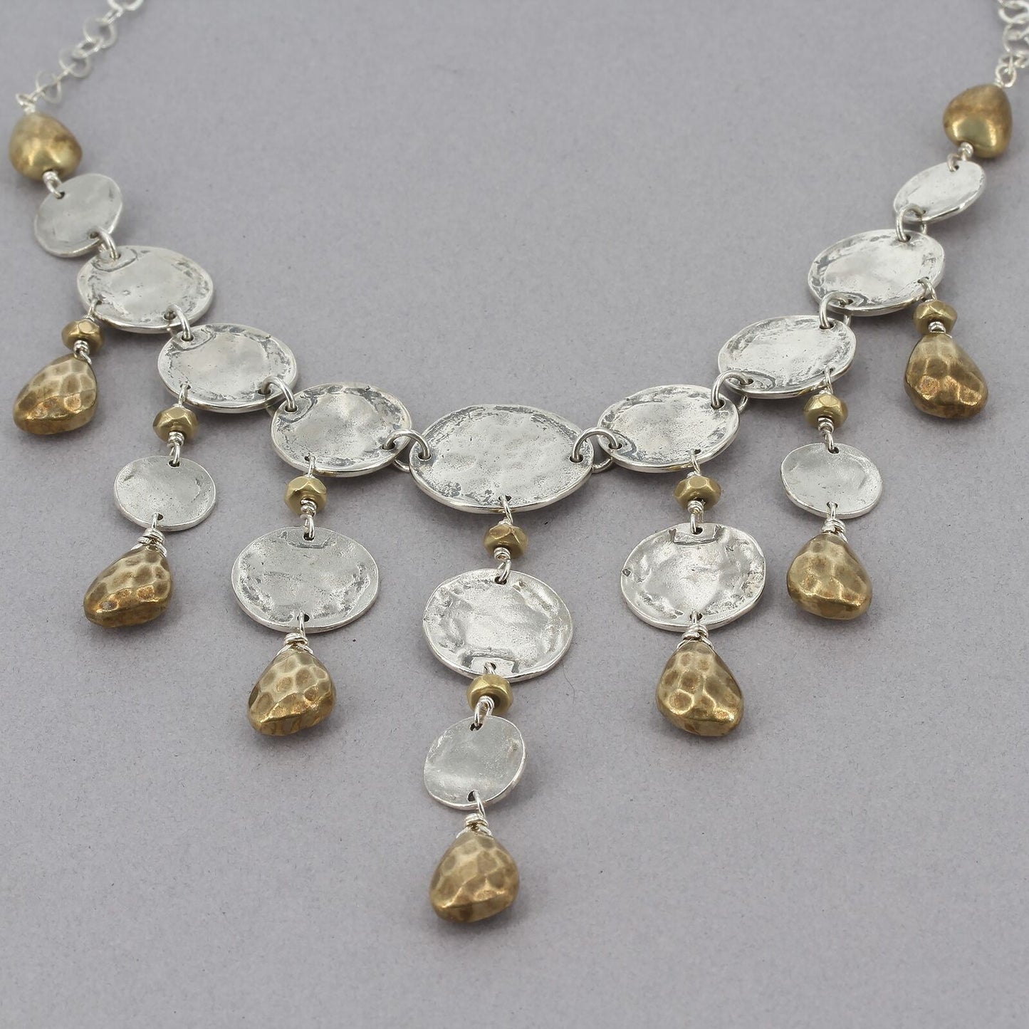 Retired Silpada Hammered Sterling Disc & Brass Drops WIDE ARRAY Necklace N3450
