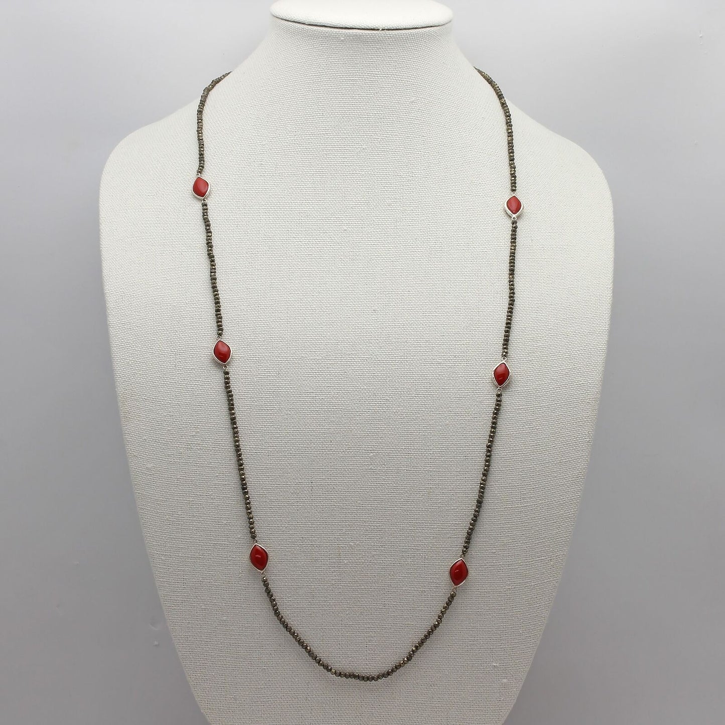 RARE Retired Silpada 36" Sterling Faceted Pyrite Bead Red Glass Station Necklace