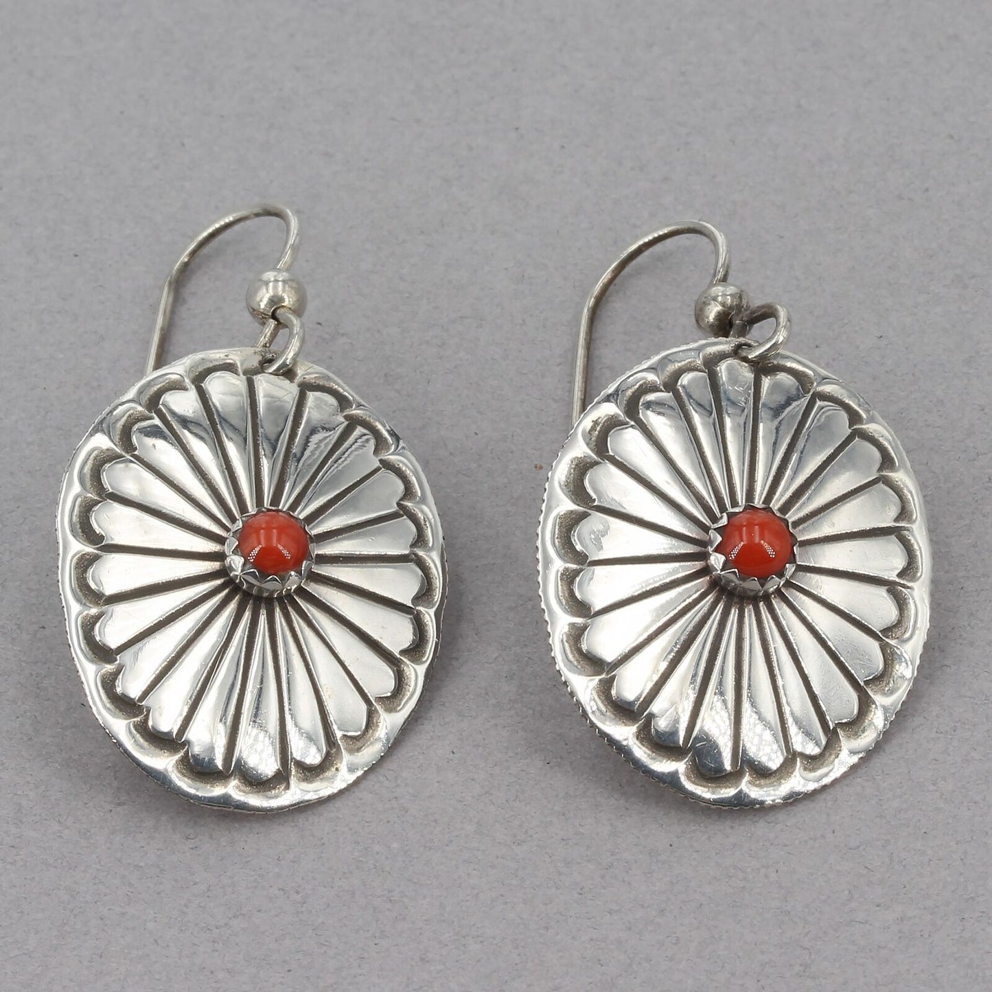Native American Handmade Rodney Concha Taos Arts Coral Coin Silver Drop Earrings