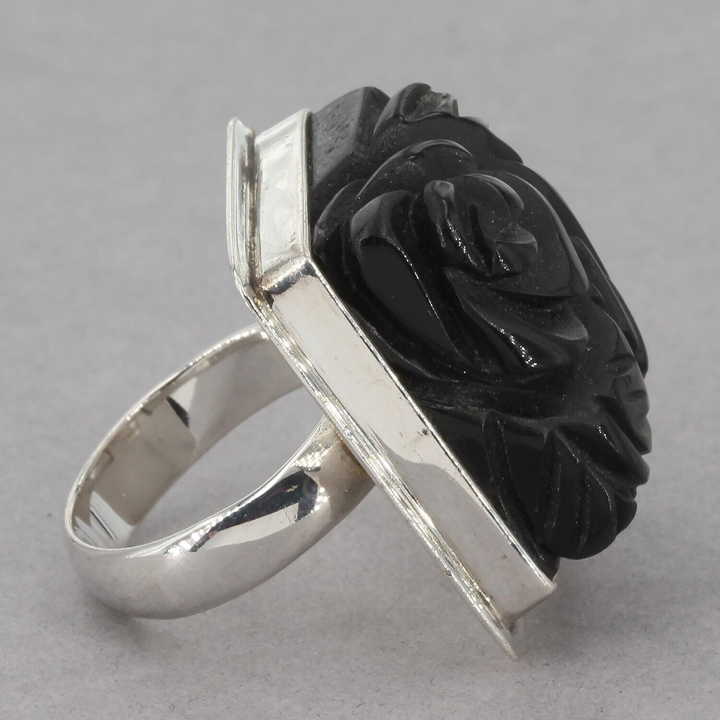 Unique Bold Sterling Carved Black Resin Rose Ring Size 7 Signed KC in Crown