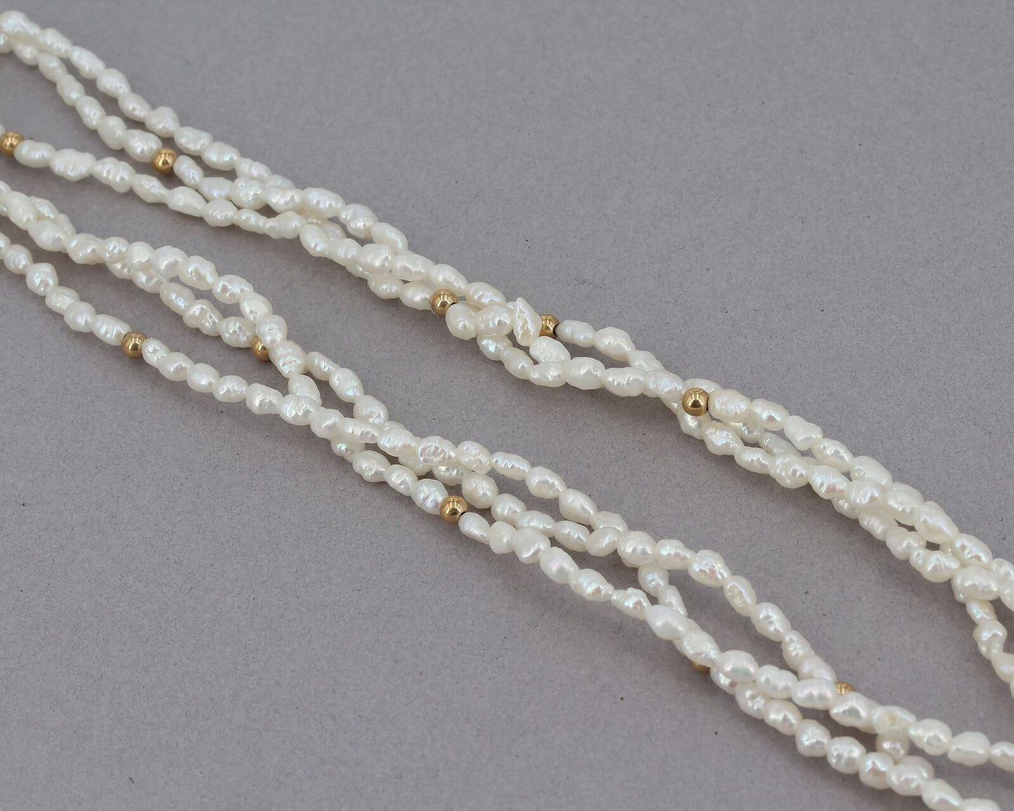 Vintage 24" Long 3 Strand "Rice Krispie" Pearl Necklace 14K Gold Spacers & Clasp