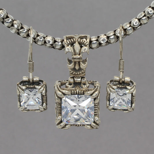 Vintage Silpada Sterling UPTOWN CZ Pendant Popcorn Chain Necklace & Earrings Set