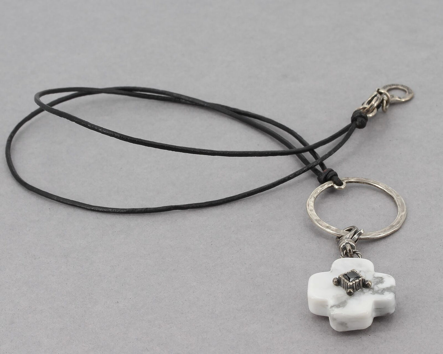 Retired Silpada Sterling Circle Charm Holder Leather Necklace with Howlite Cross