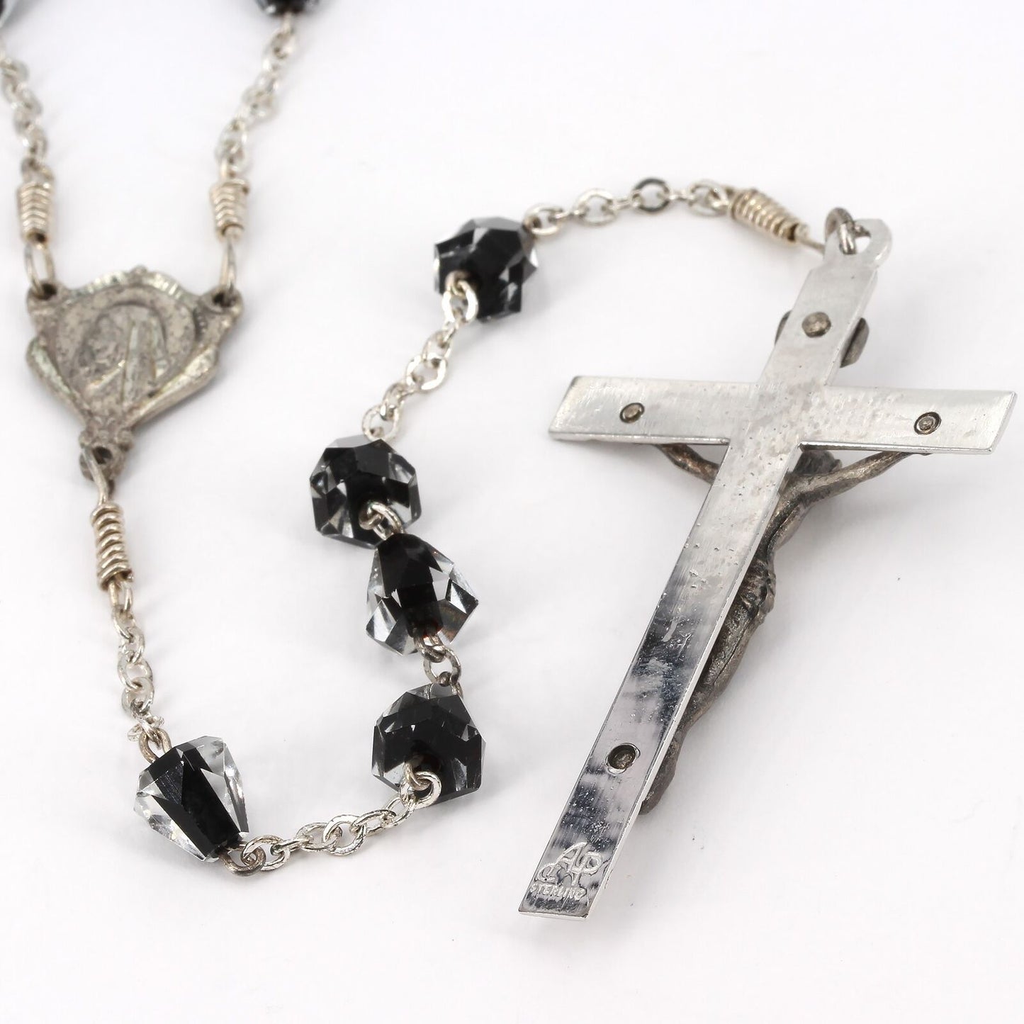 Vintage Sterling Catholic 5-Decade Rosary with Black & Clear Cased Glass Beads