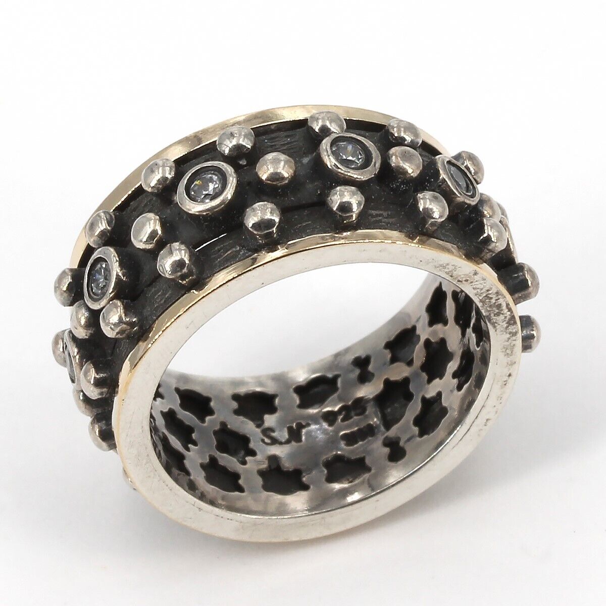 Sea-Noy Handcrafted Oxidized Sterling & 14K Gold CZ 3-Band Spinner Ring Size 7