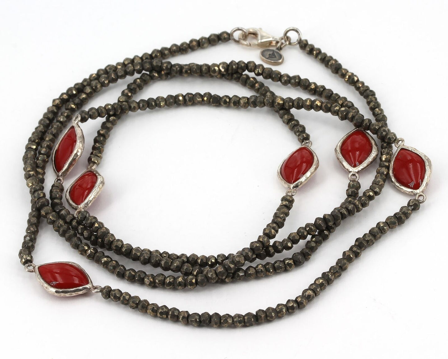 RARE Retired Silpada 36" Sterling Faceted Pyrite Bead Red Glass Station Necklace