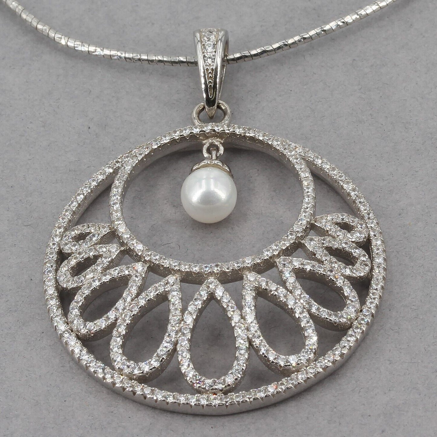 Sterling Silver CZ Teardrop Circle Pendant with Dangling Pearl Omega Necklace