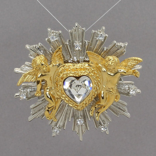 Vintage 1997 R.J. Graziano 2" Cherub Angels Crystal Heart Starburst Pin Pendant
