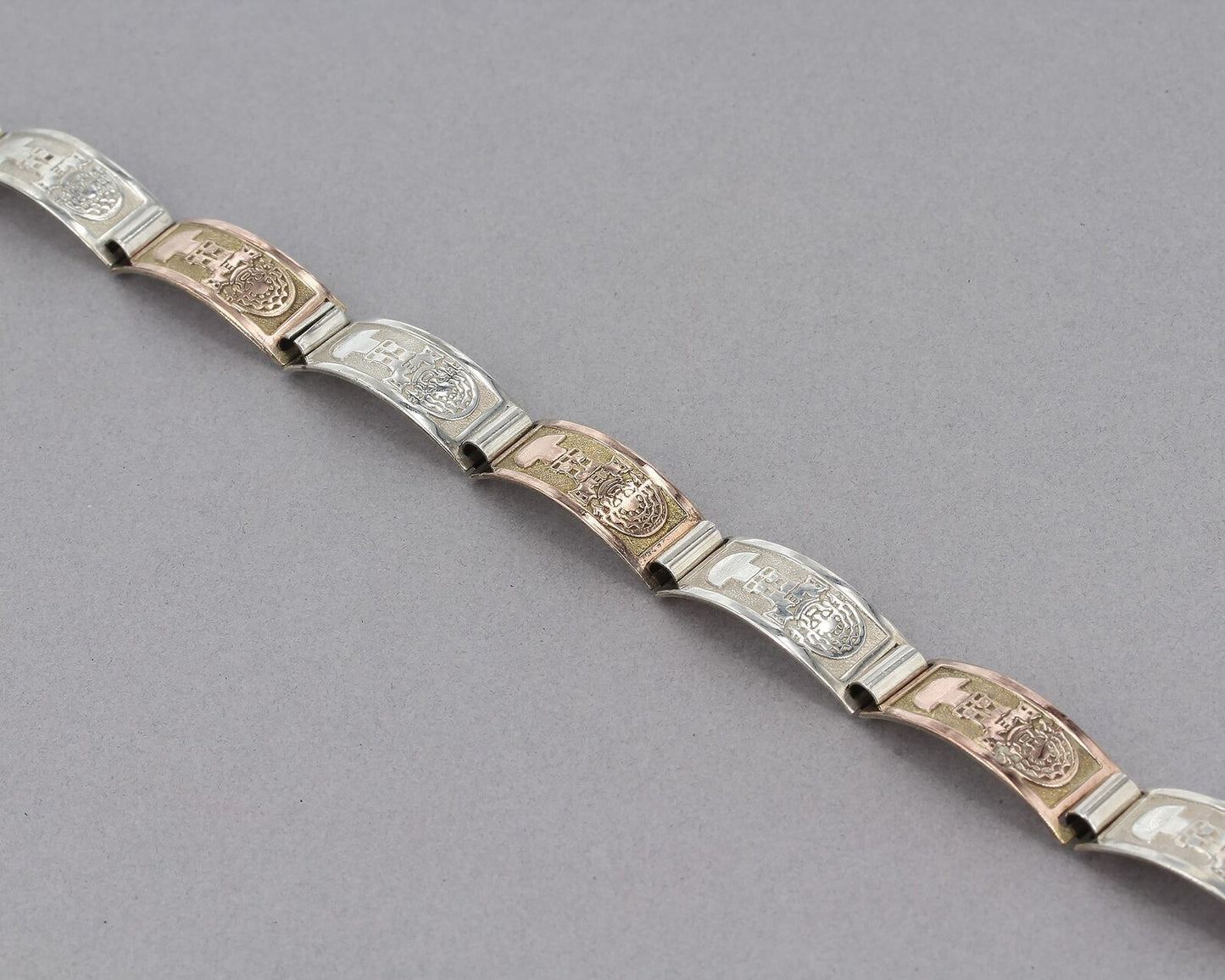 Vintage 950 Fine Silver & 18K Gold Incan Sun God Curved Panel Bracelet 10.4 Gram