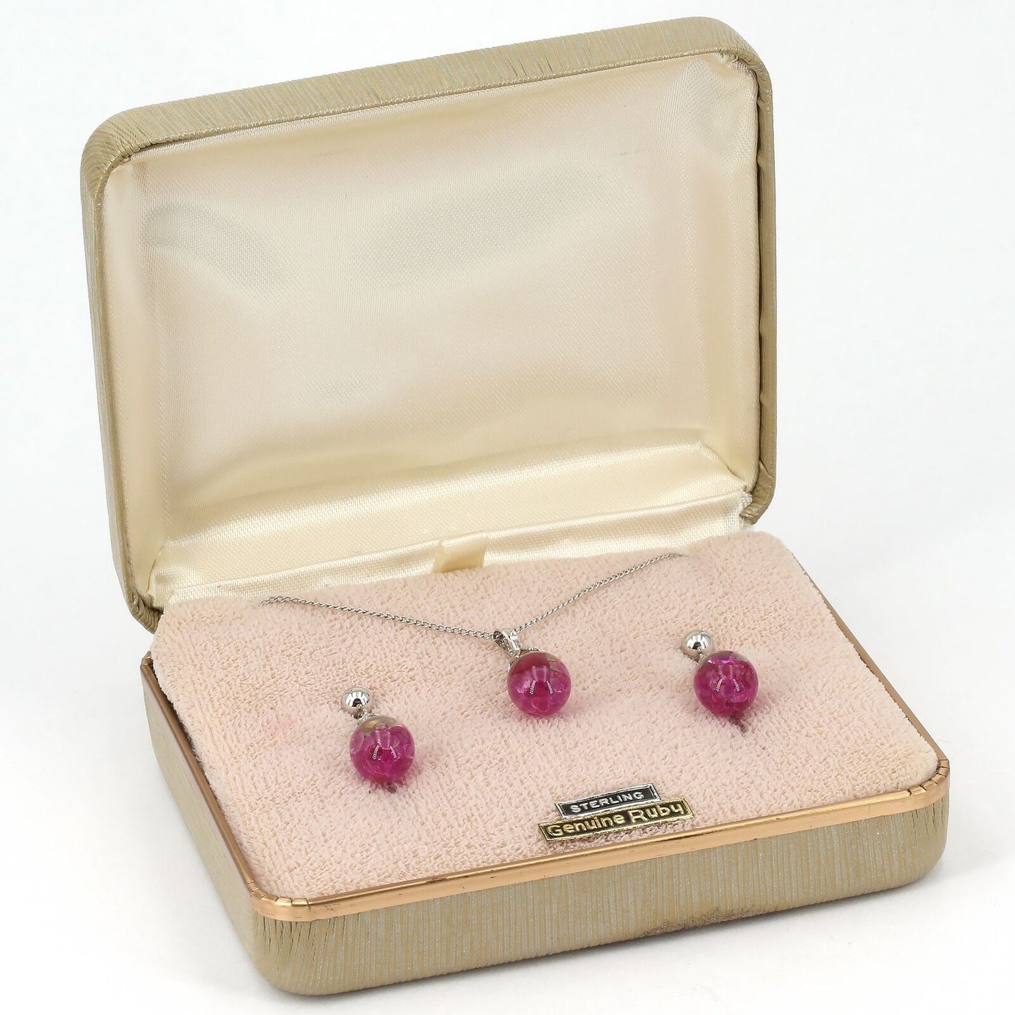 Vintage Sterling Silver Floating Rubies Necklace & Screwback Earrings Set