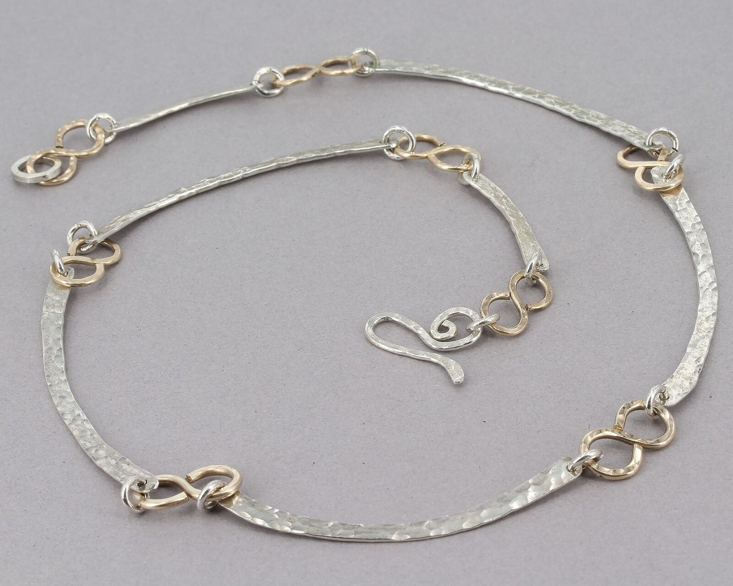 Unique 20" Hand Forged Hammered Sterling Silver & Brass Curved Segment Necklace