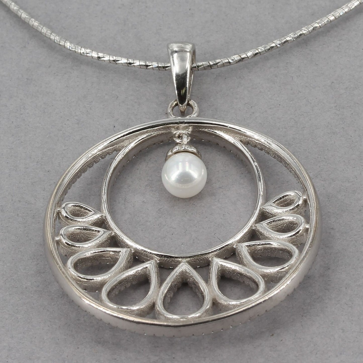 Sterling Silver CZ Teardrop Circle Pendant with Dangling Pearl Omega Necklace