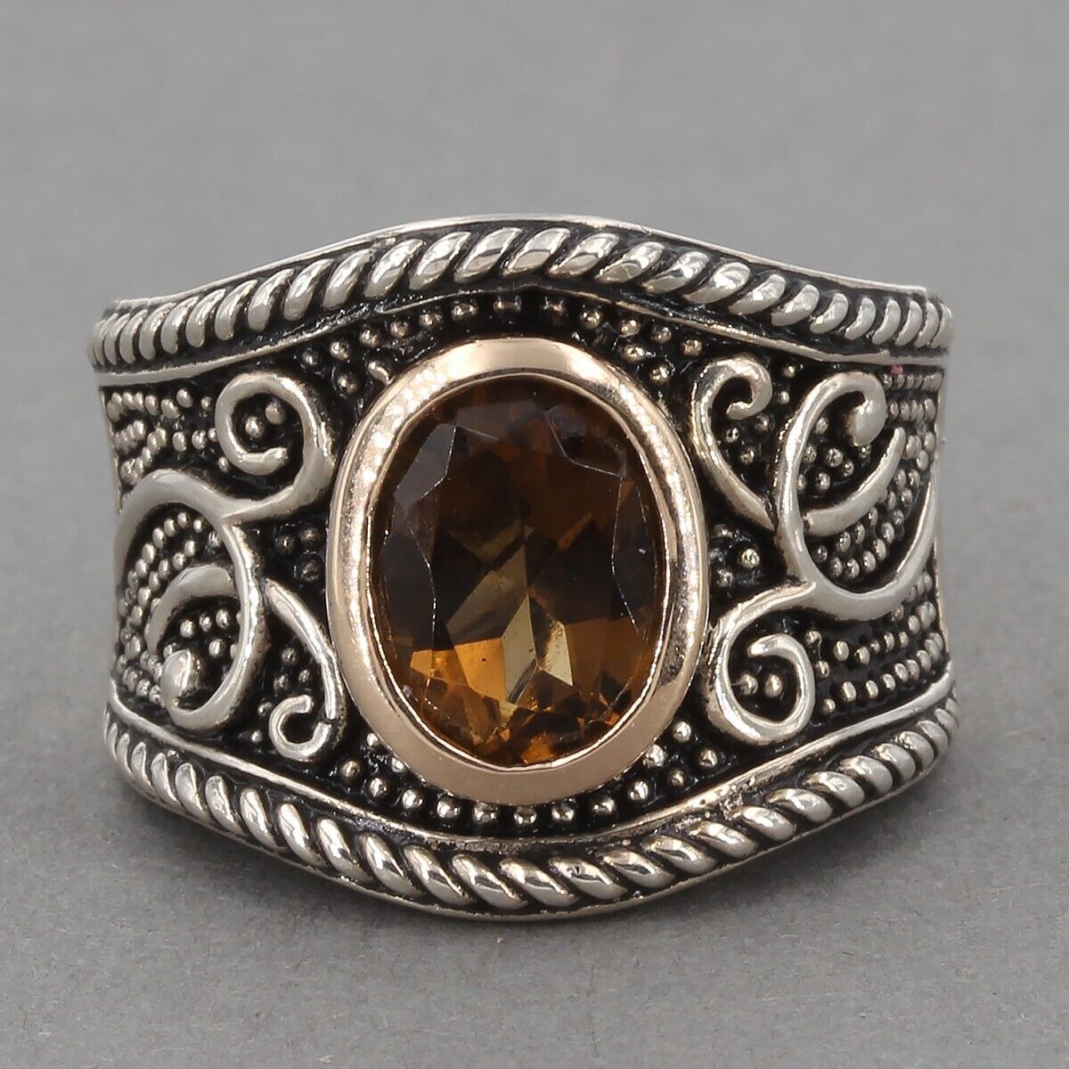 Oxidized Textured Sterling Silver & 14K Gold Smoky Quartz Band Ring Size 5.75