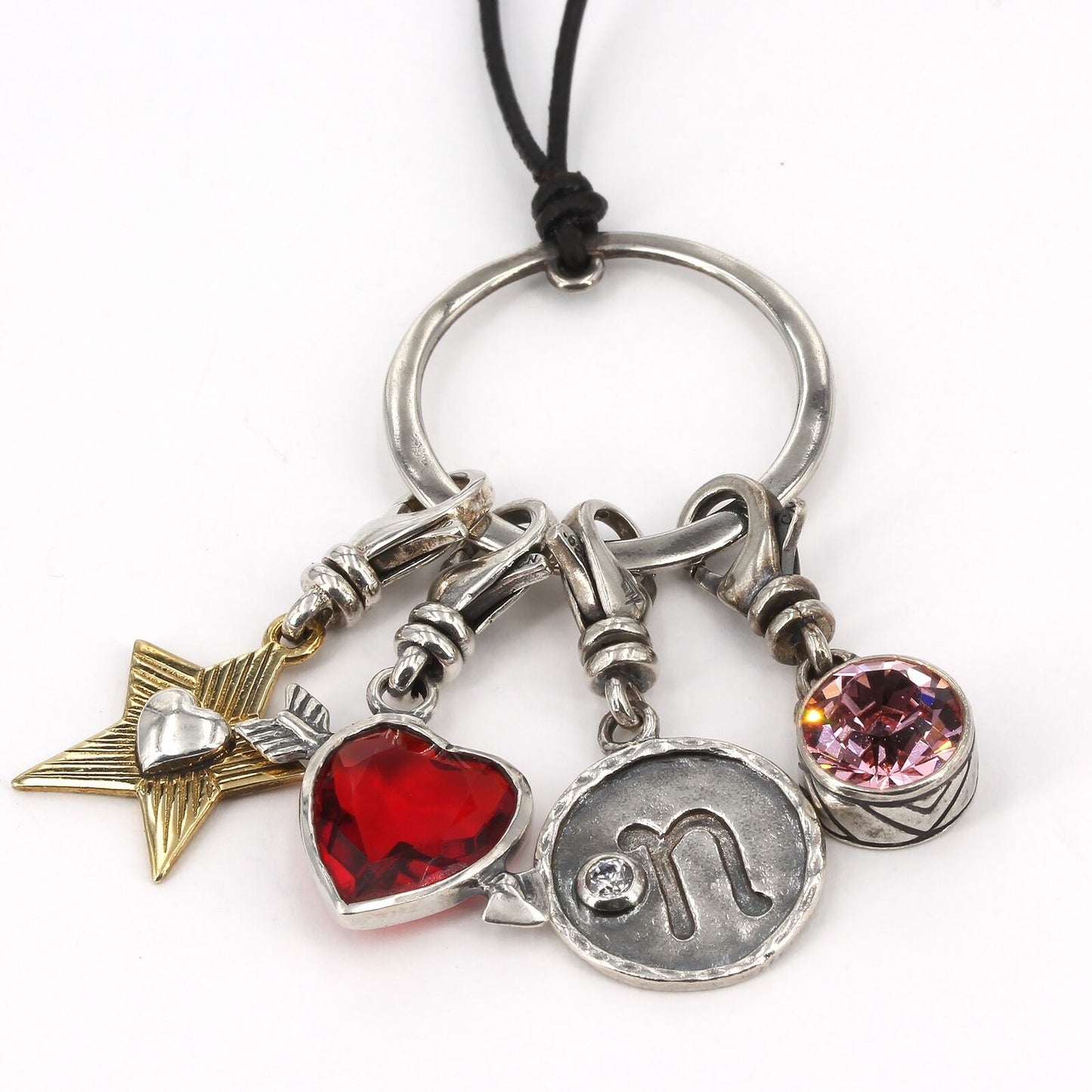 Retired Silpada Charm Holder Necklace with Initial N, Star, Heart & Pink Crystal