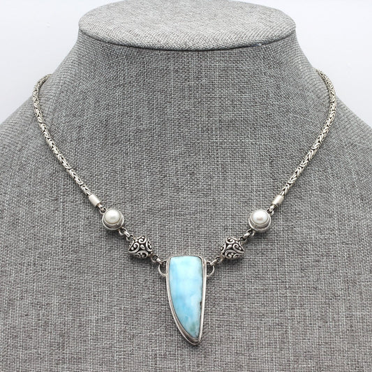 Marahlago Sterling Silver Caribbean Larimar & Pearl Byzantine Chain Necklace
