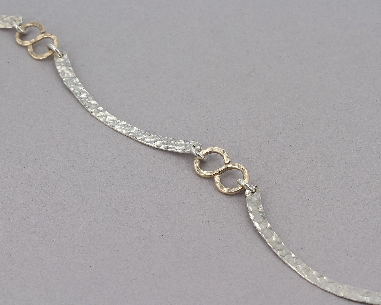 Unique 20" Hand Forged Hammered Sterling Silver & Brass Curved Segment Necklace
