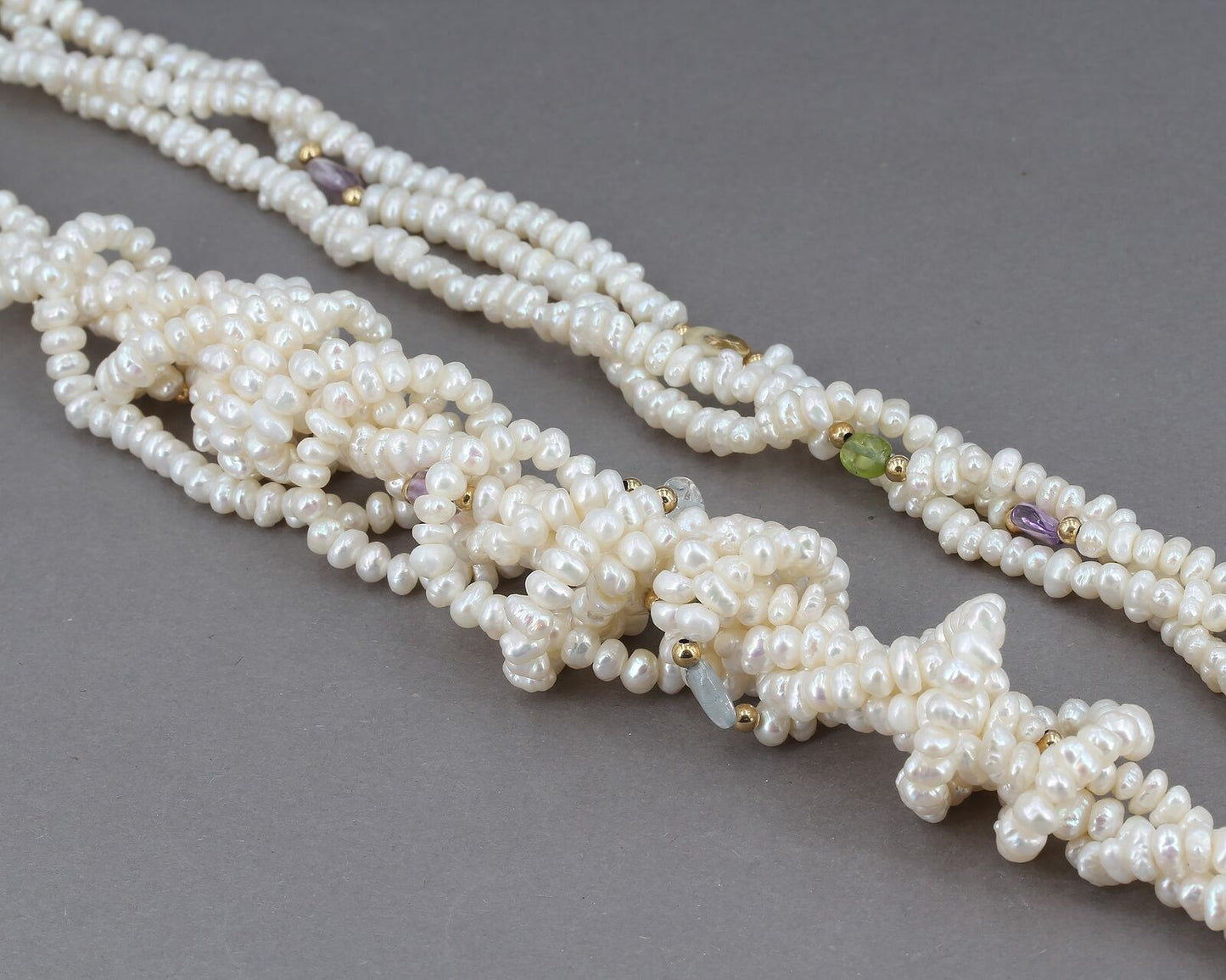36" Triple Strand Freshwater Pearl & Multi-Gemstone Necklace with Wrapped Center