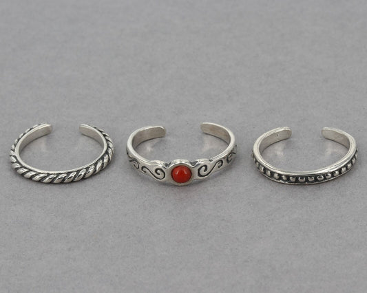 Retired Silpada Sterling Toe Rings Rope Dots Coral Stackable 3 Piece Set O1381