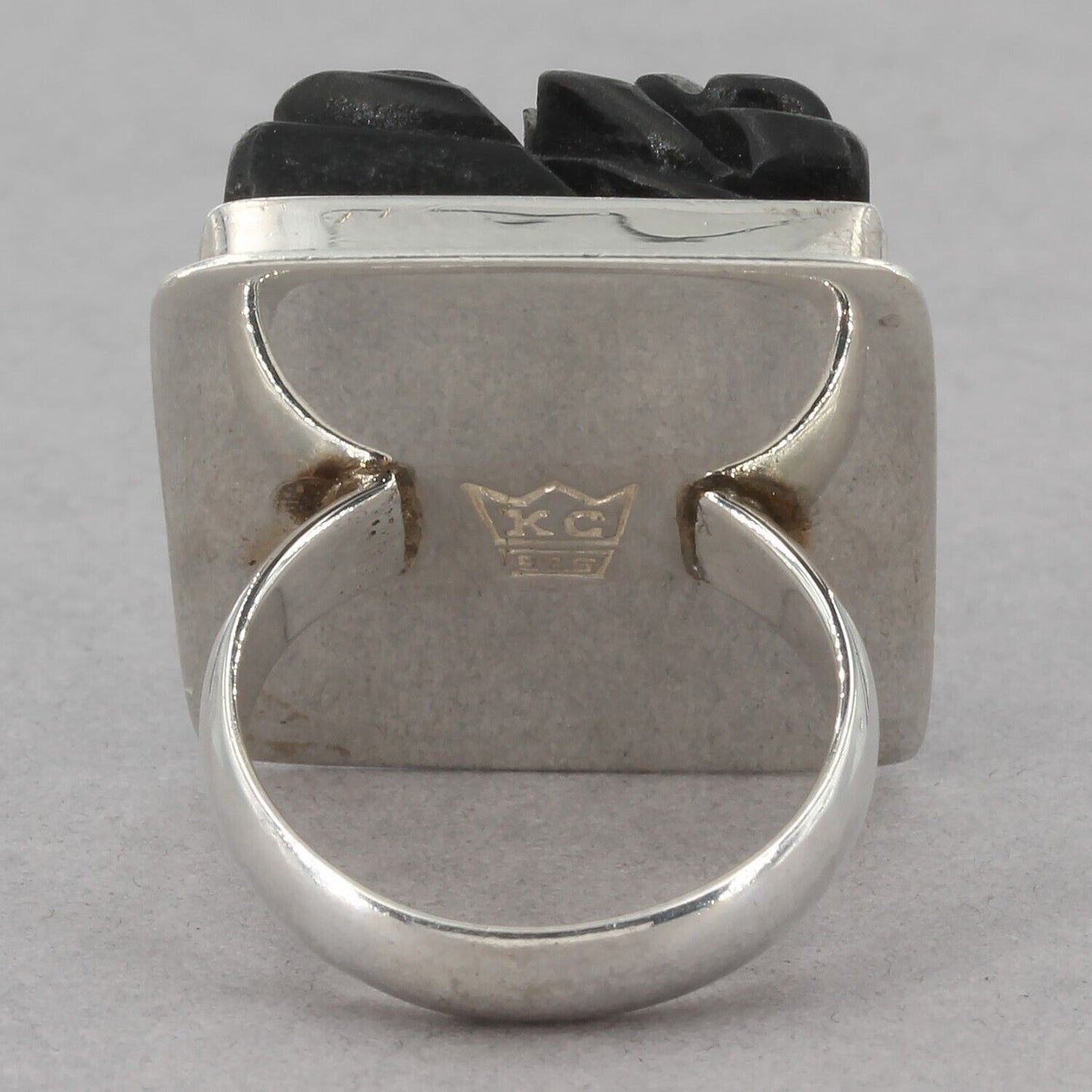 Unique Bold Sterling Carved Black Resin Rose Ring Size 7 Signed KC in Crown