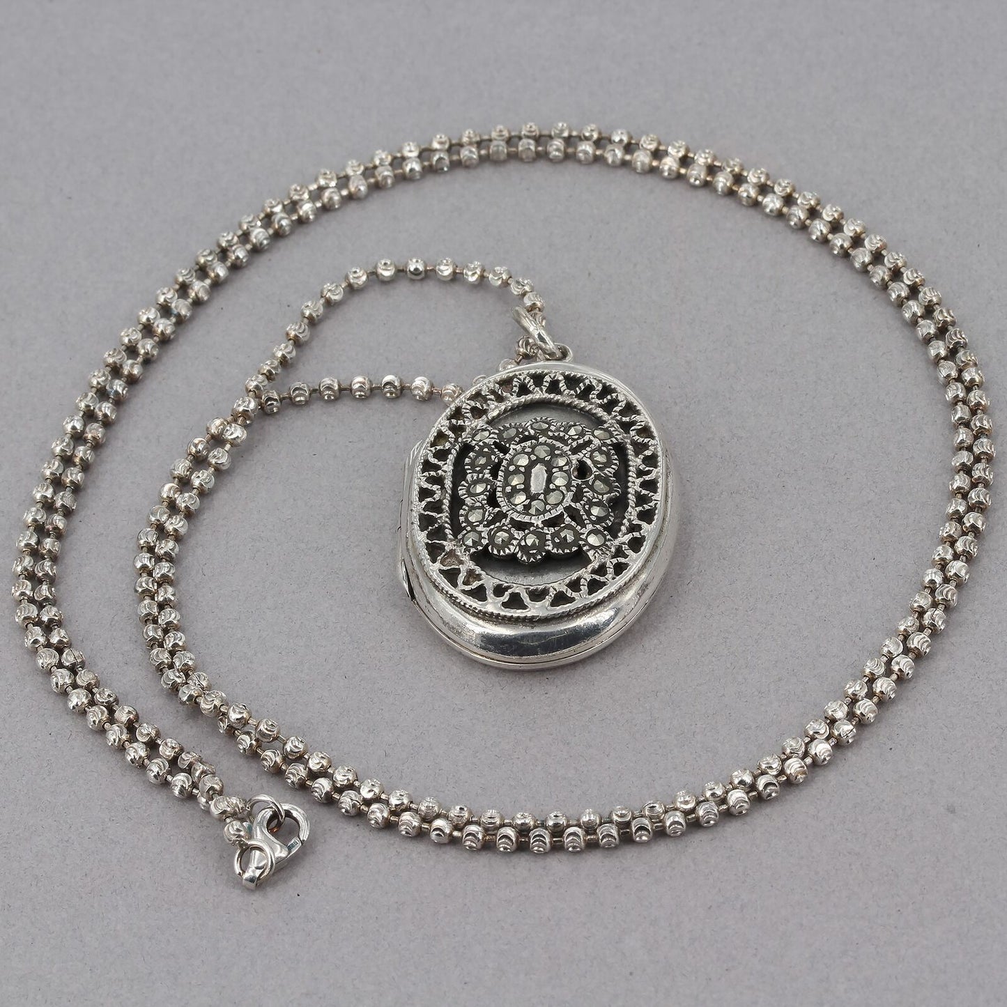 Vintage Sterling Marcasite Accent Locket Pendant 26" Ball Bead Chain Necklace