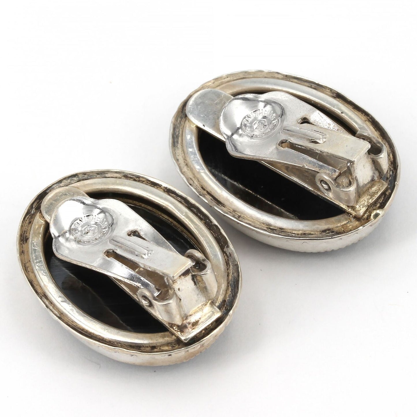 Vintage Danecraft Sterling Silver Large Oval Hematite Clip Earrings 7/8"x 1-1/8"