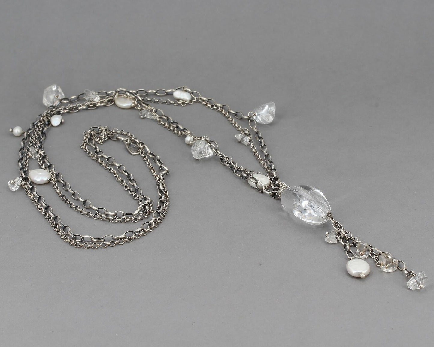 Retired Silpada Sterling 2-Strand Chain Rock Crystal Pearl Tassel Necklace N1492