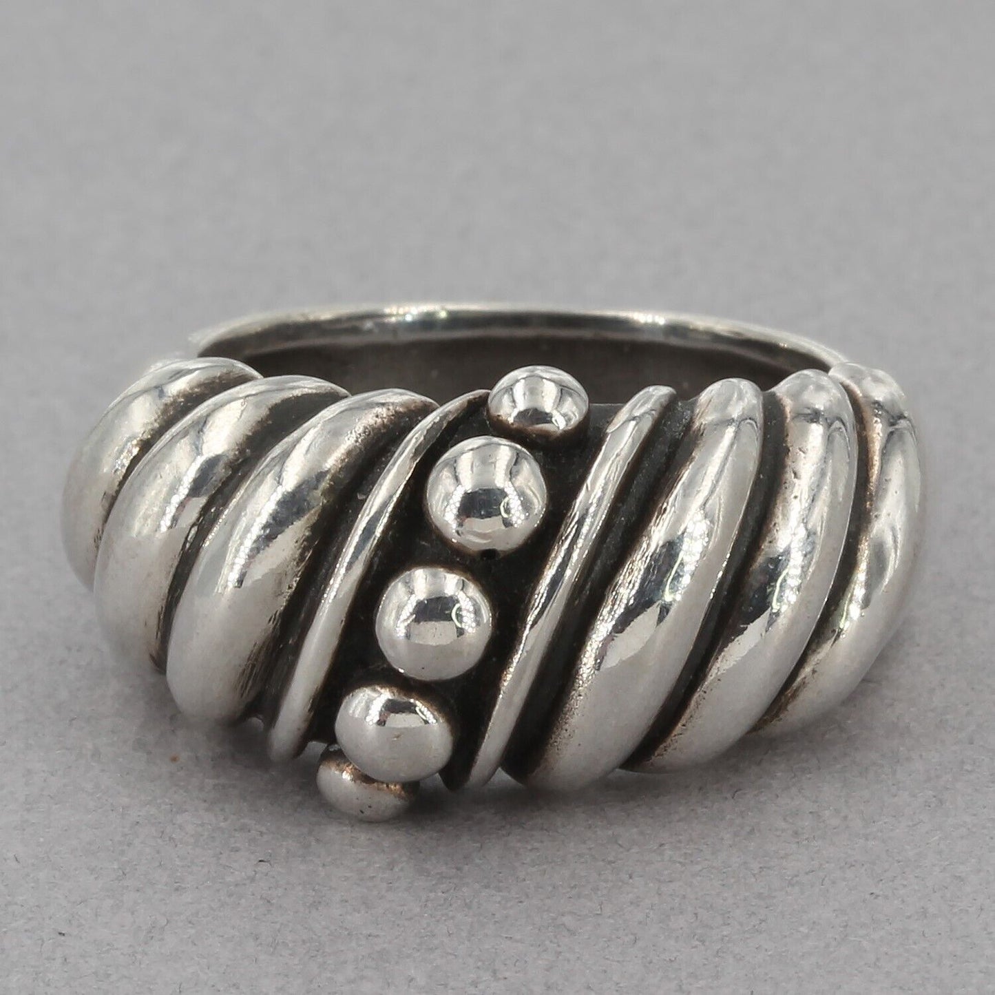 Oxidized Sterling Silver Diagonal Ribbed & Beaded Band Ring Size 7.75