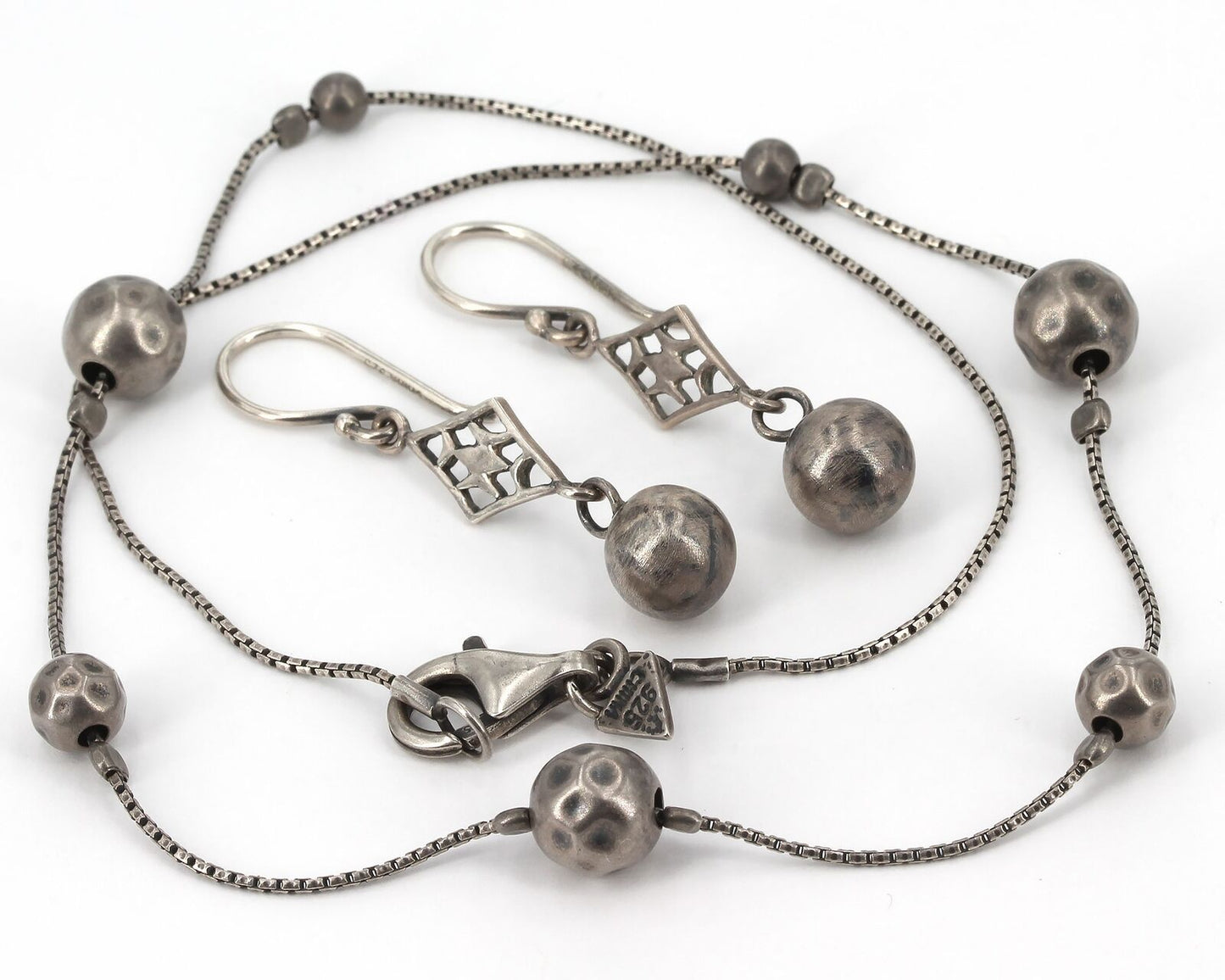 Retired Silpada Sterling Hammered Bead Station Necklace & Earrings N1827 W1920