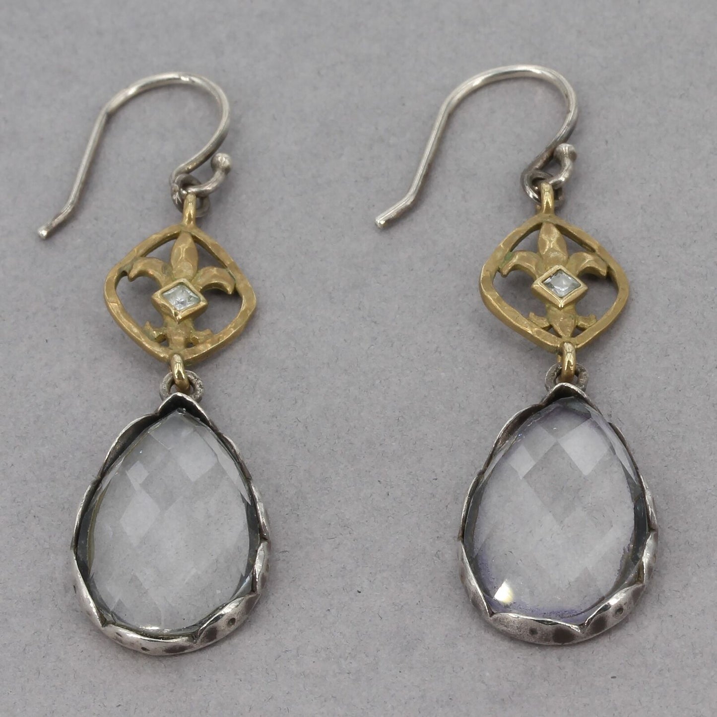 Retired Silpada Sterling Glass Raindrop Brass Fleur De Lis Dangle Earrings W2374