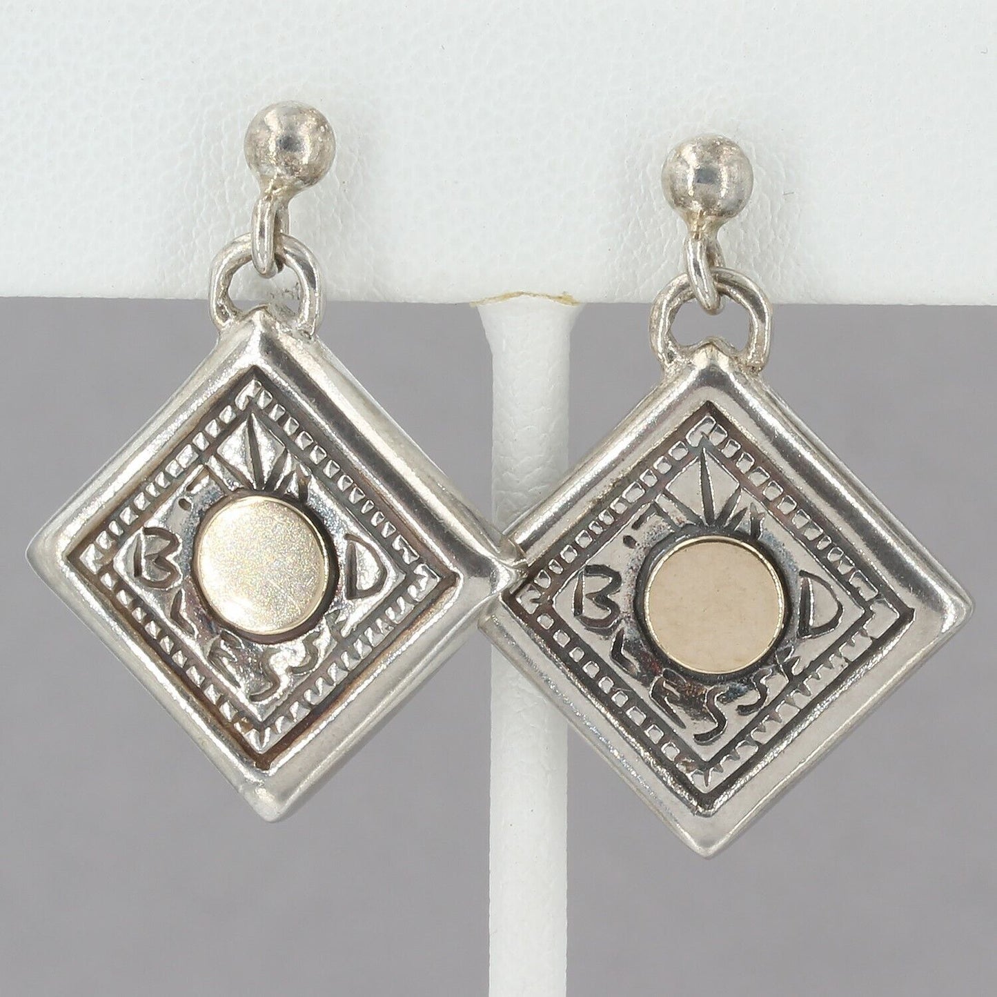 YS Israel Sterling Silver with Gold Dot "BLESSED" Dangle Earrings