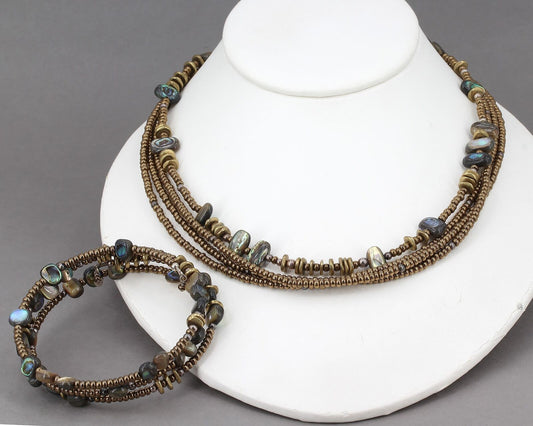 Retired Silpada Abalone Shell Metallic Bronze Bead Necklaces & Wrap Bracelet Set
