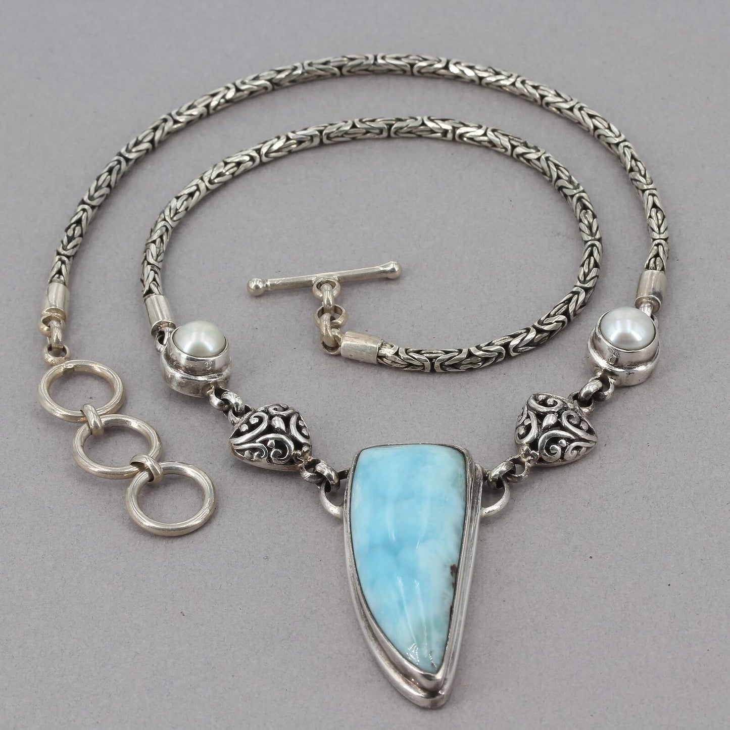 Marahlago Sterling Silver Caribbean Larimar & Pearl Byzantine Chain Necklace