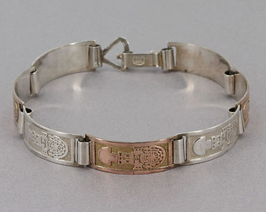 Vintage 950 Fine Silver & 18K Gold Incan Sun God Curved Panel Bracelet 10.4 Gram
